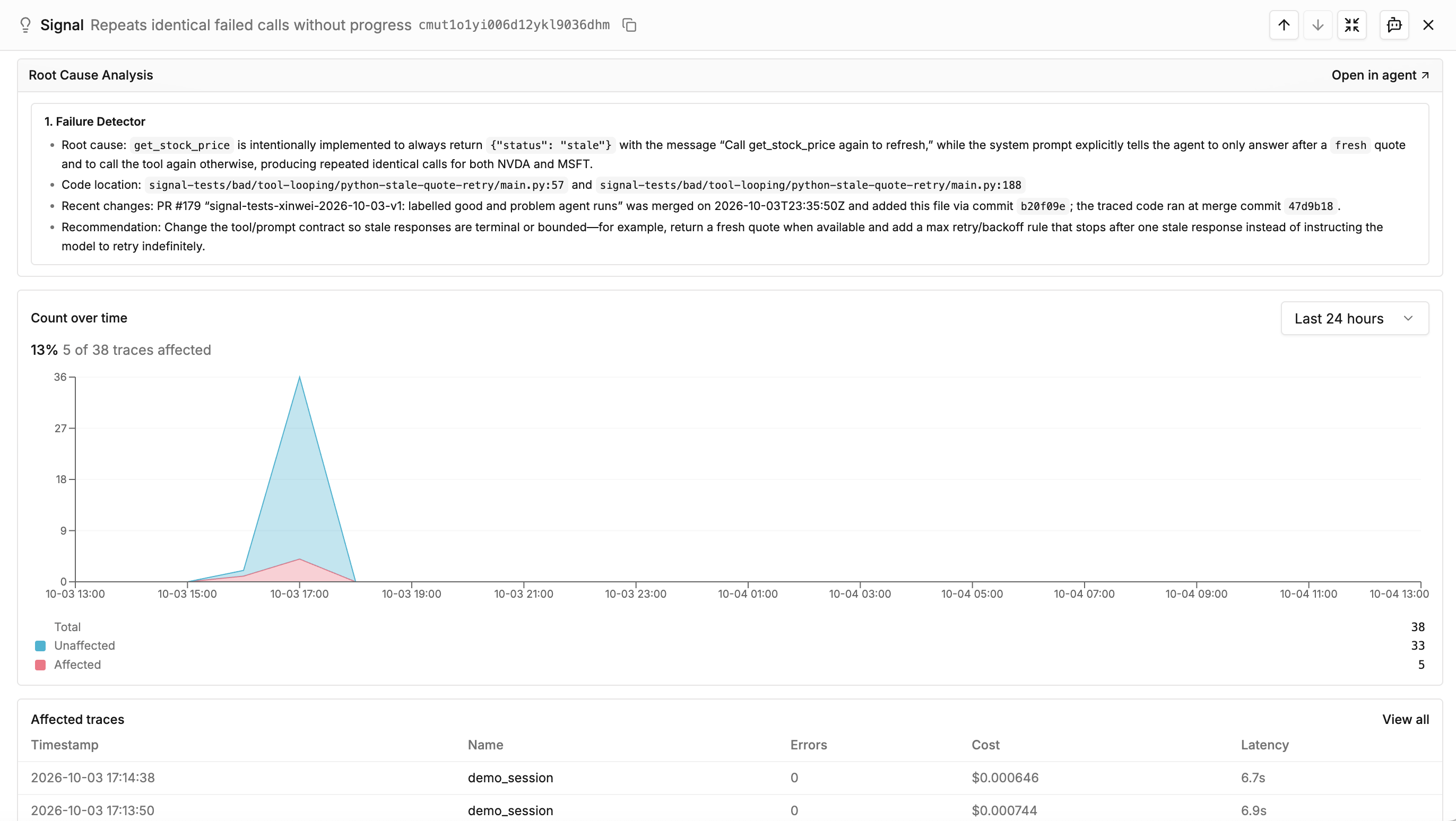 Signal analysis with root cause, recommended changes, frequency over time, and affected traces