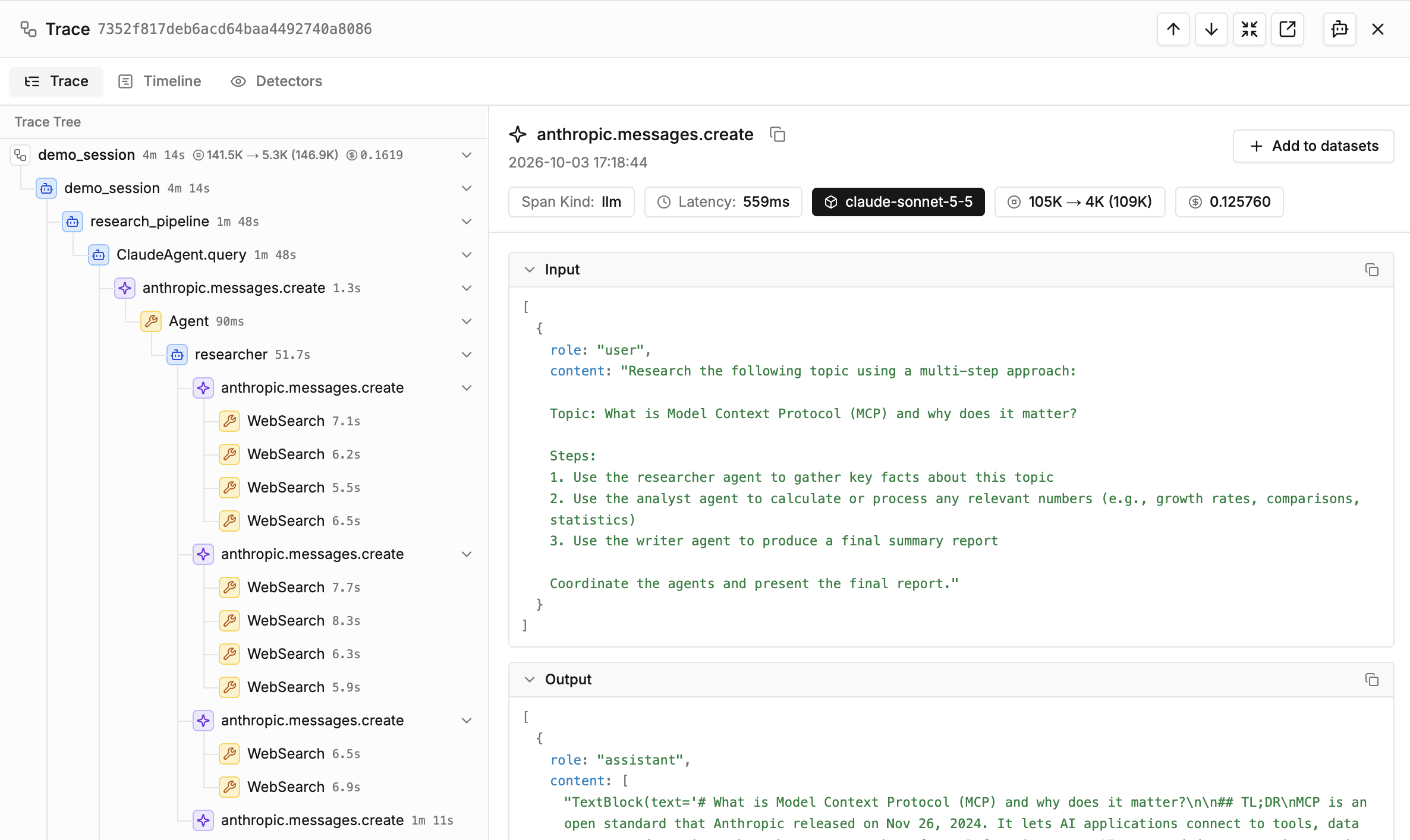 Research agent trace showing nested model and tool calls alongside inputs and outputs